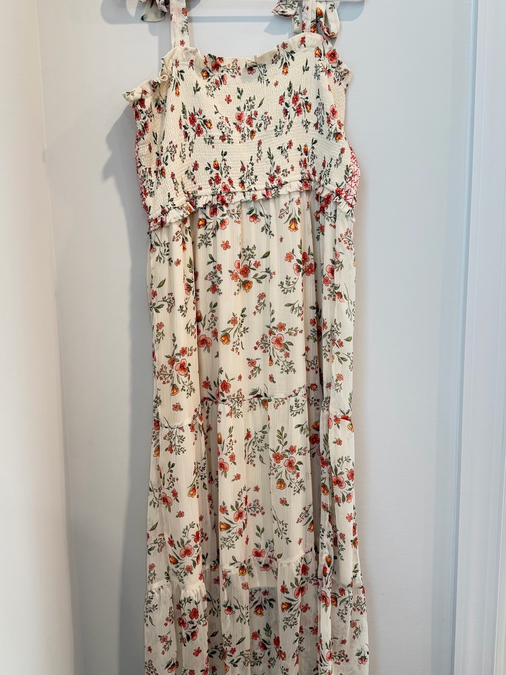 LC Lauren Conrad Cream Floral Maxi Dress with Red Smocked Bodice - Picture 4 of 4